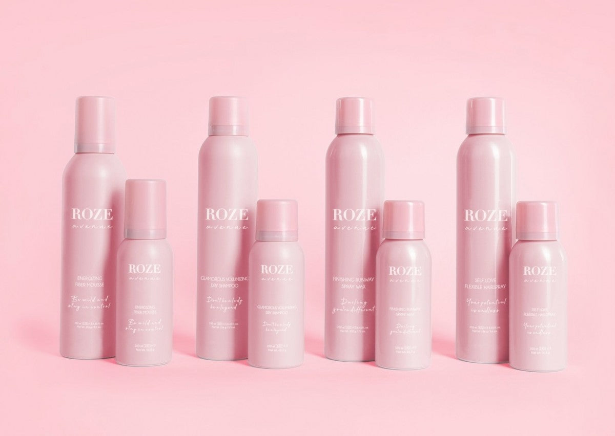 produkty do stylizacji włosów Roze Avenue - małe i duże pojemności ustawione obok siebie