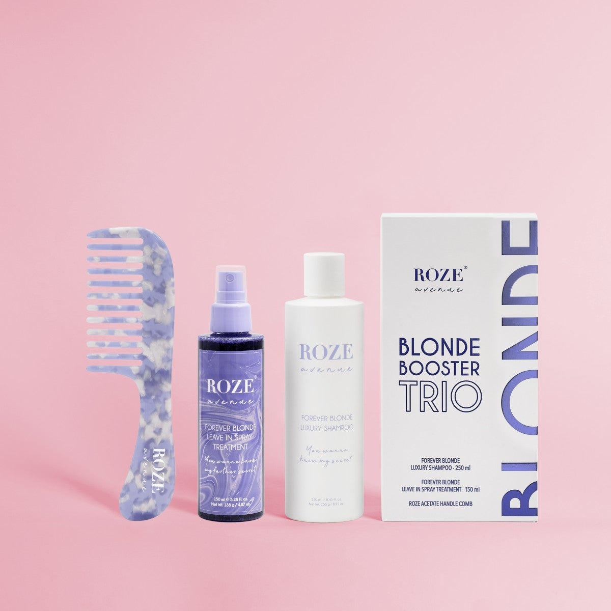 roze avenue pielegnacja - zestaw do blond włosów - szampon blond - odżywka w sprayu blond - grzebień blond