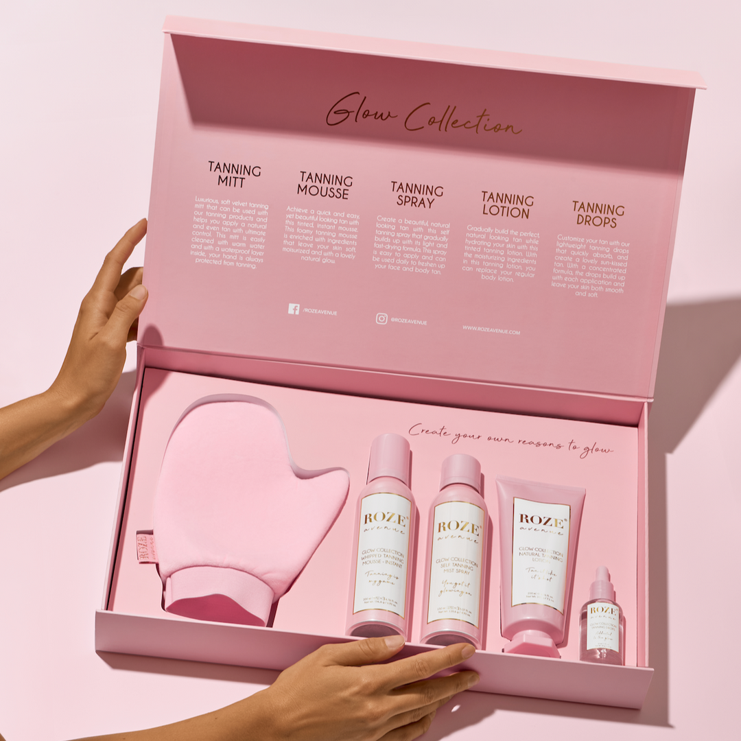 zestaw do samo opalania roze avenue - w zestaw wchodzi tanning mitt, tanning mousse, tanning spray, tanning lotion i tanning drops