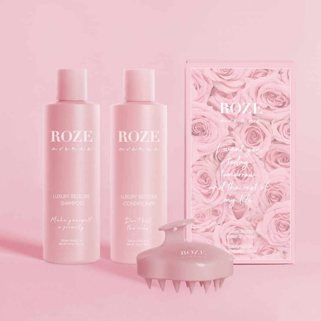 zestaw roze avenue: szampon, odżywka i szczotka do masażu skóry głowy