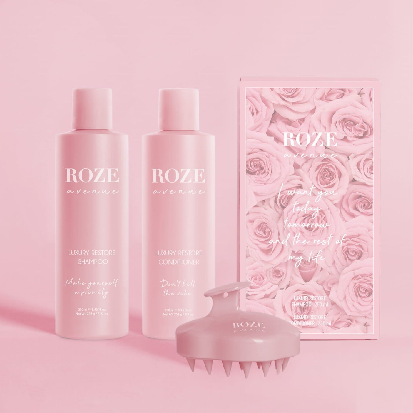 zestaw roze avenue: szampon, odżywka i szczotka do masażu skóry głowy
